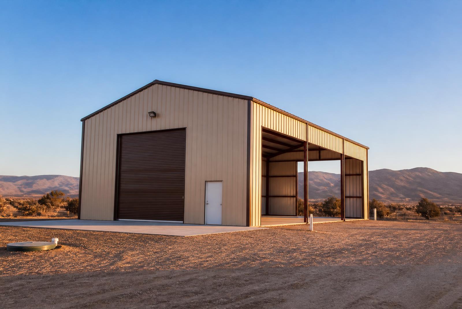 Steel metal building with roll-up door on a rural property